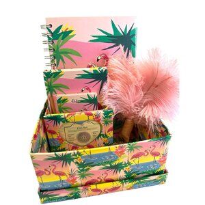 Desk Set Storage Box Photo Notebook Journal Duster Pink Flamingo Tropical Beach